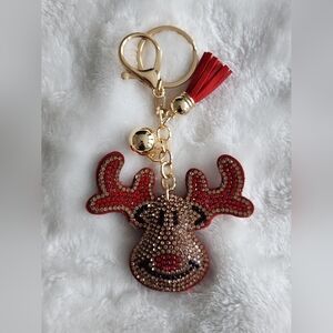 Reindeer Christmas Keychain with Red Tassel Bag Charm
